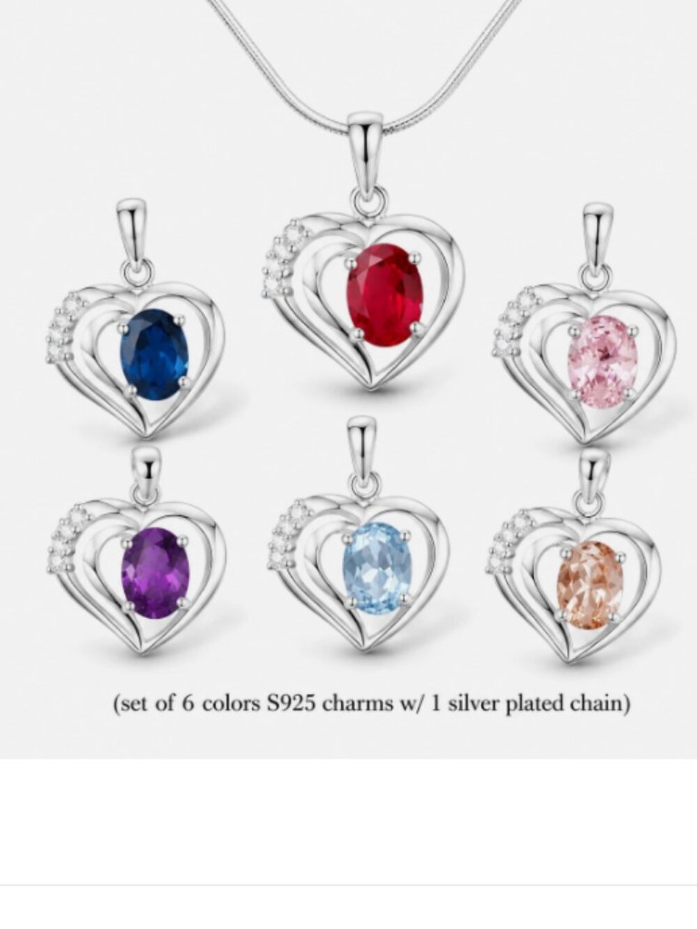 (Set of 6) S925 Sterling Silver CZ Heart Love Pendants Charm Gem Necklace Chain